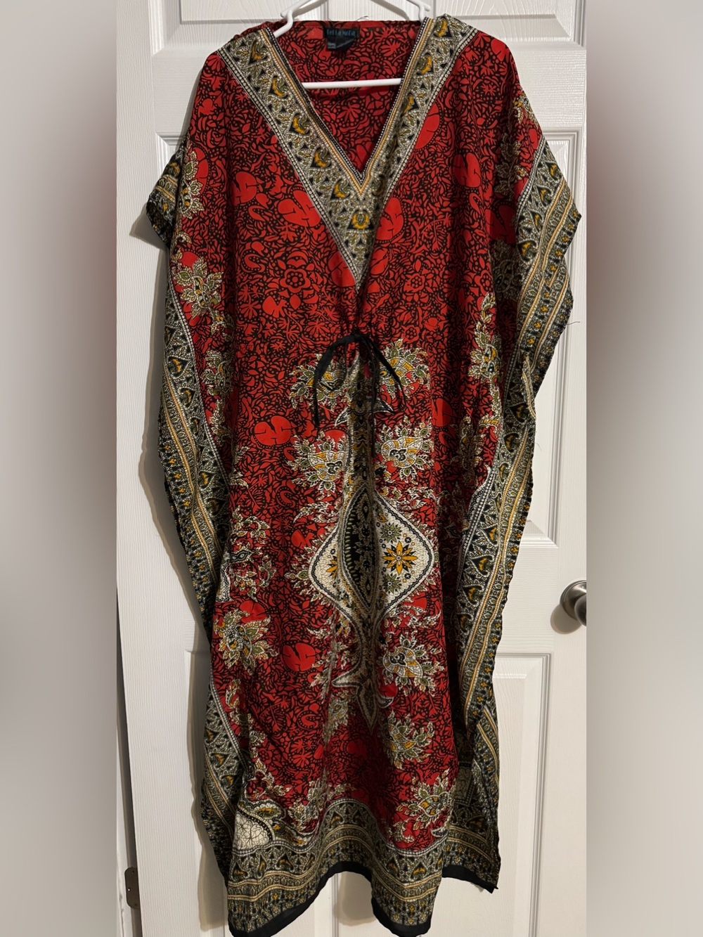 Red Bohemian Patterned Caftan with Drawstring